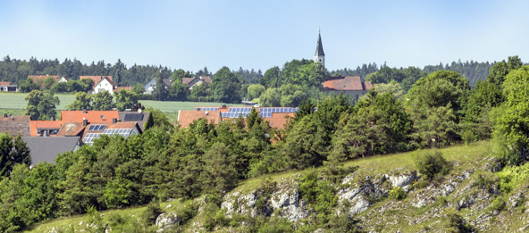 Wiesen und Bäume mit der Gemeinde Ihrlerstein im Hintergrund.