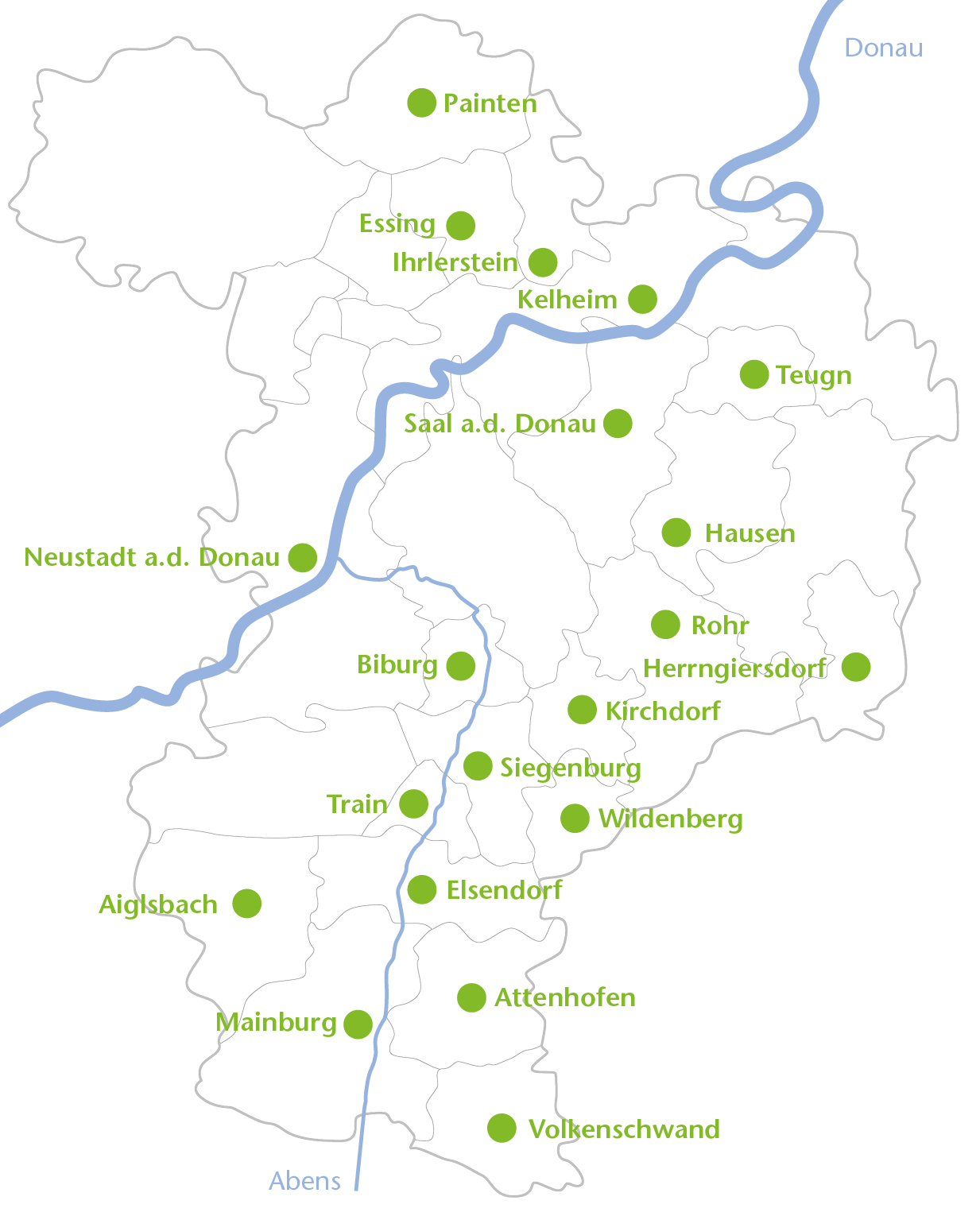 Karte auf der die rund zwanzig Gesellschafter der Abens-Donau Energie eingezeichnet sind.