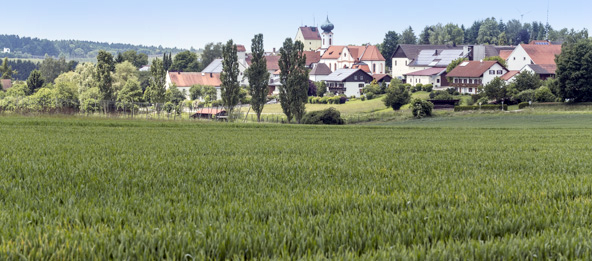 Felder mit der Gemeinde Volkenschwand im Hintergrund.