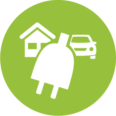 Icon mit Haus, Auto und Ladekabel mit Blatt, steht für kombinierten Haushalts- und Ladestrom.